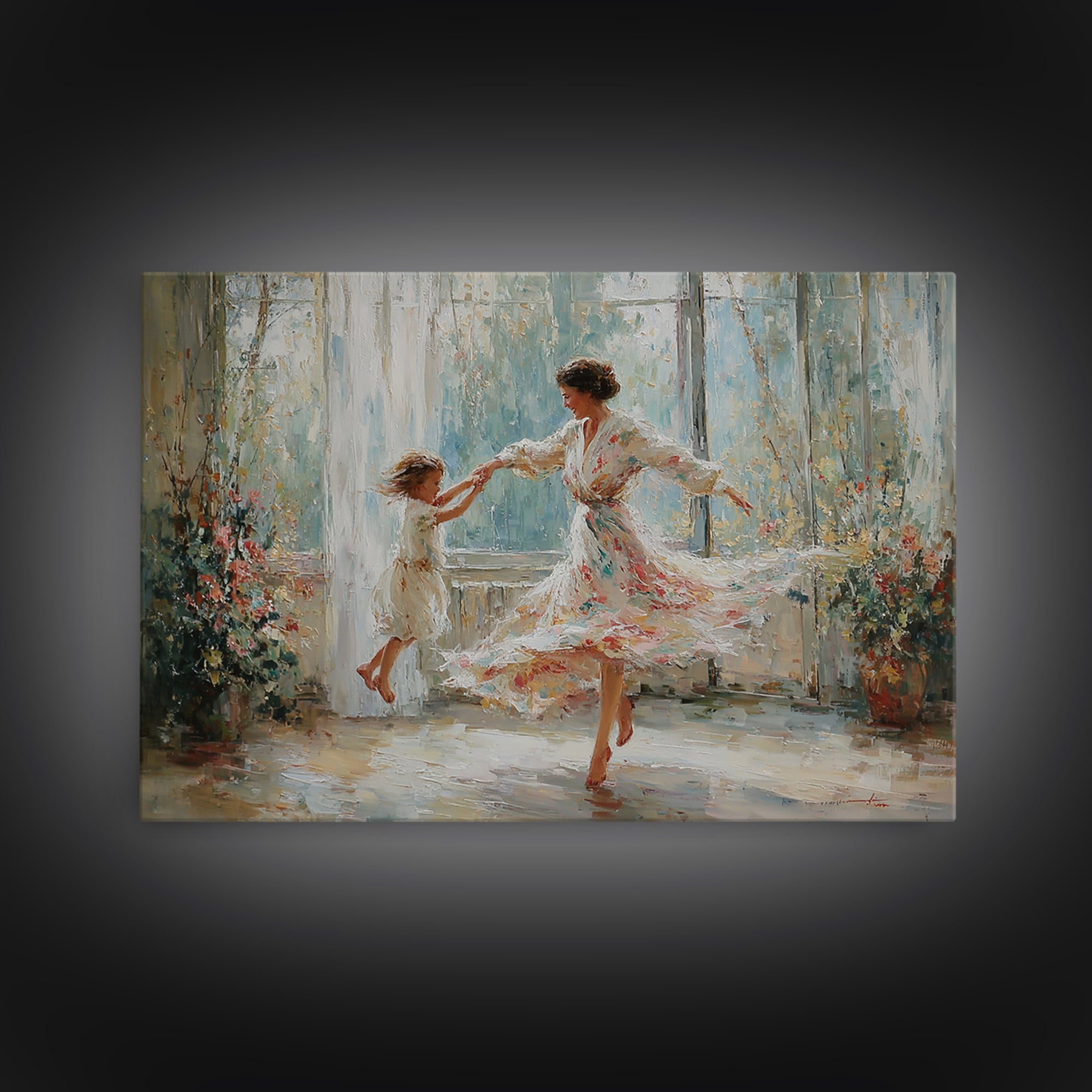 Mother And Daughter Twirling In Sunlit Flower Room Wall Art, Impressionist Family Painting, Feminine Decor, Gift For Mom