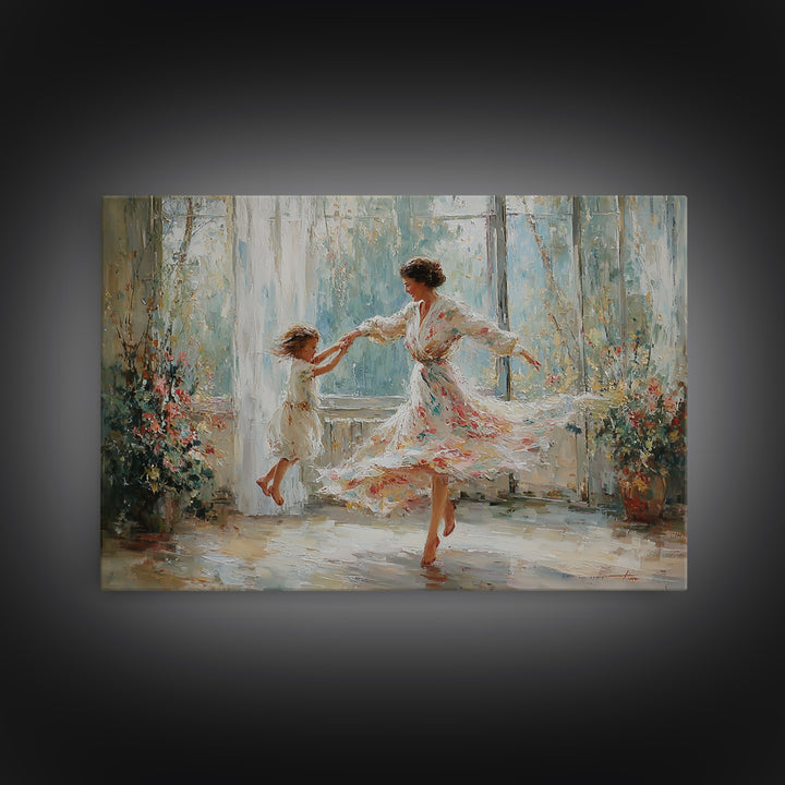 Mother And Daughter Twirling In Sunlit Flower Room Wall Art, Impressionist Family Painting, Feminine Decor, Gift For Mom