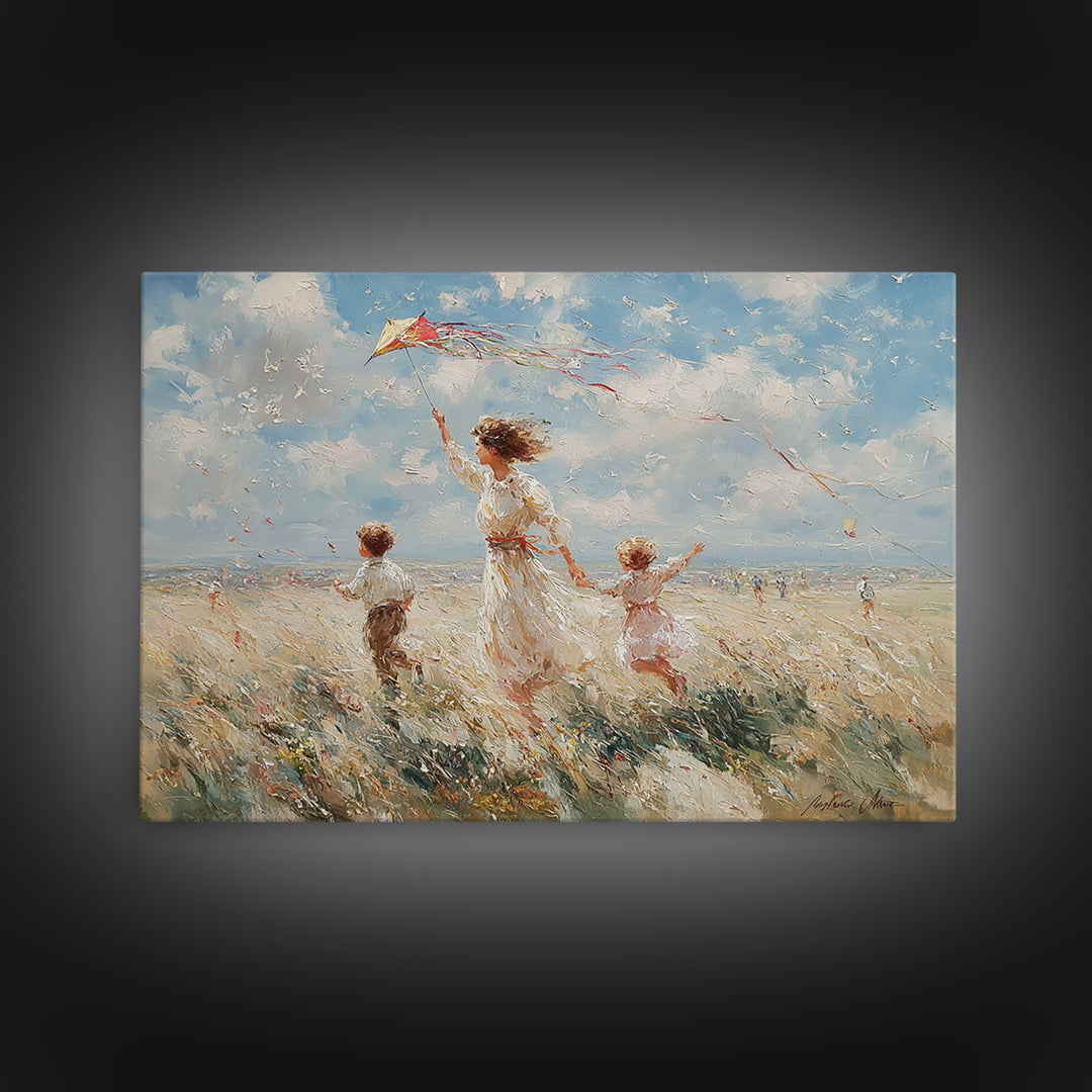 Mother Flying Kite With Children On Beach Wall Art, Impressionist Coastal Landscape, Family Gift, Beach House Decor, Canvas