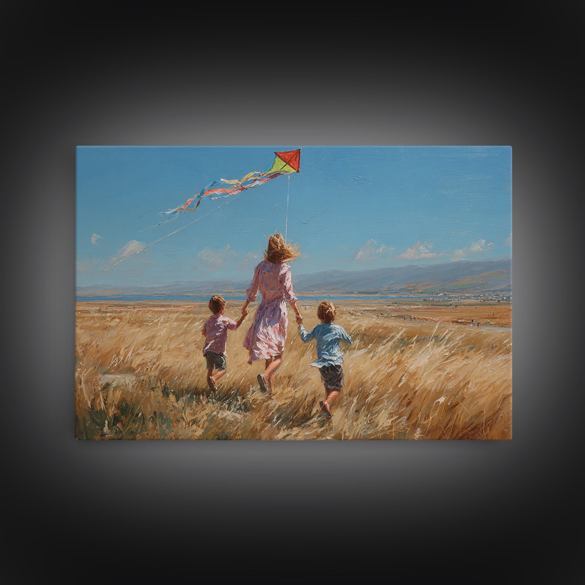 Mother And Children Running With Kite Through Golden Field Canvas Print, Impressionist Landscape, Family Gift, Farmhouse Decor