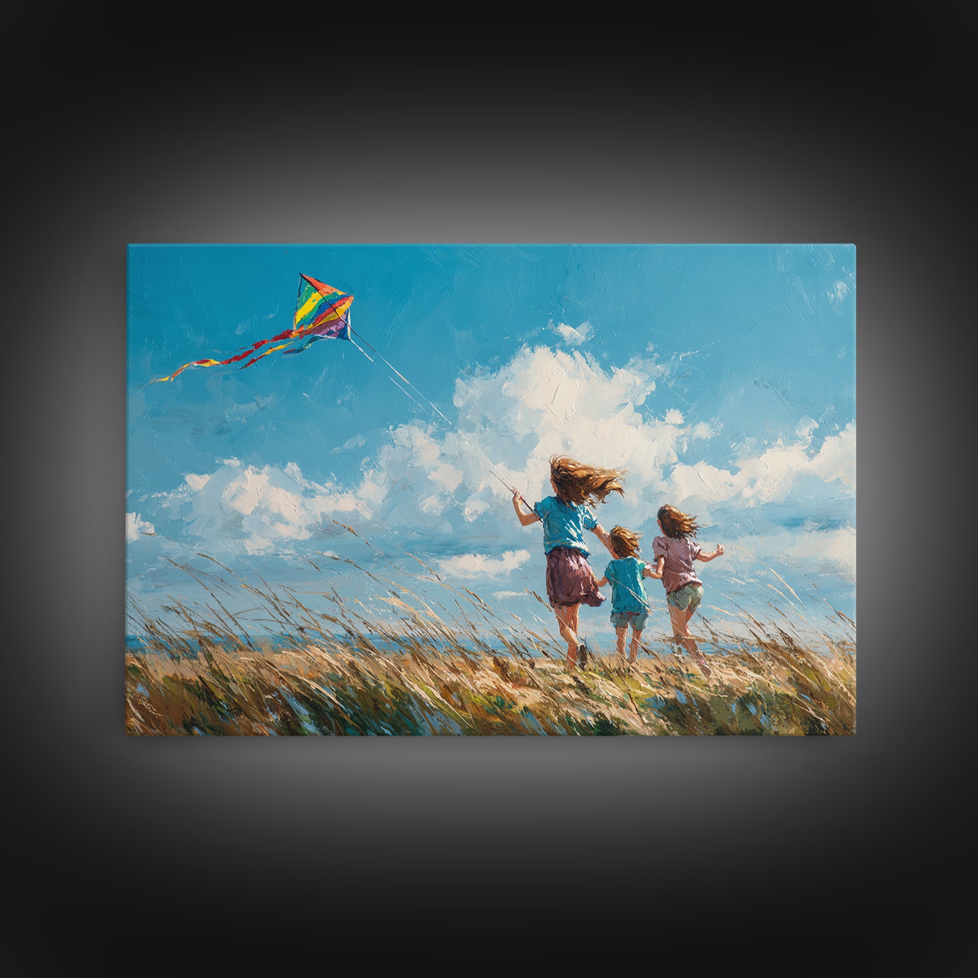 Three Children Running With Rainbow Kite Canvas Print, Breezy Coastal Field Wall Art, Kids Room Decor, Nursery Art, Gift For Her