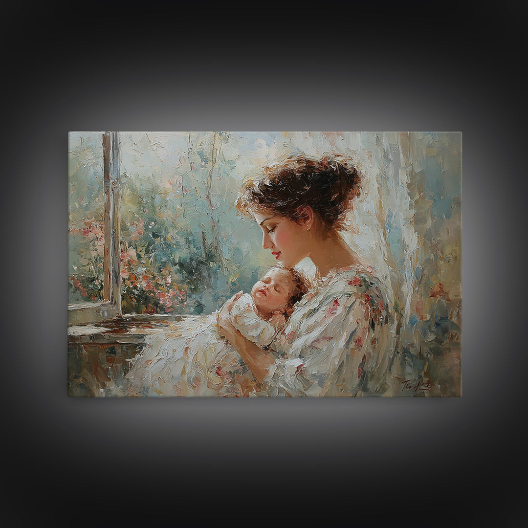 Mother Cradling Sleeping Newborn By Garden Window Framed Canvas Print, Feminine Wall Art, Baby Nursery Decor, Gift For Mom