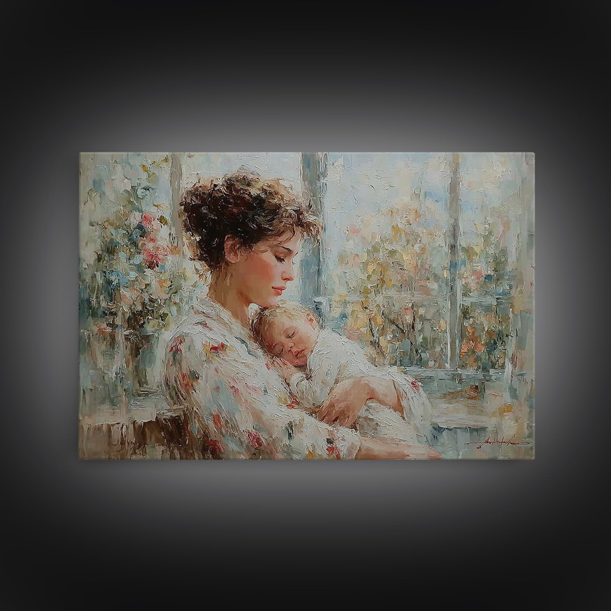 Tender Mother Holding Sleeping Baby Beside Bright Window Wall Art, Impressionist Nursery Decor, Feminine Art, Gift For Her