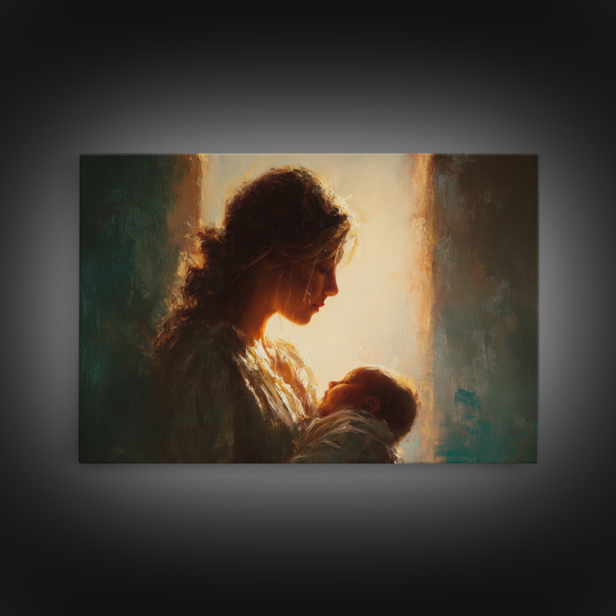 Backlit Mother Holding Newborn In Warm Window Light Wall Art, Moody Portrait, Spiritual Home Decor, Gift For Mom, Nursery Art