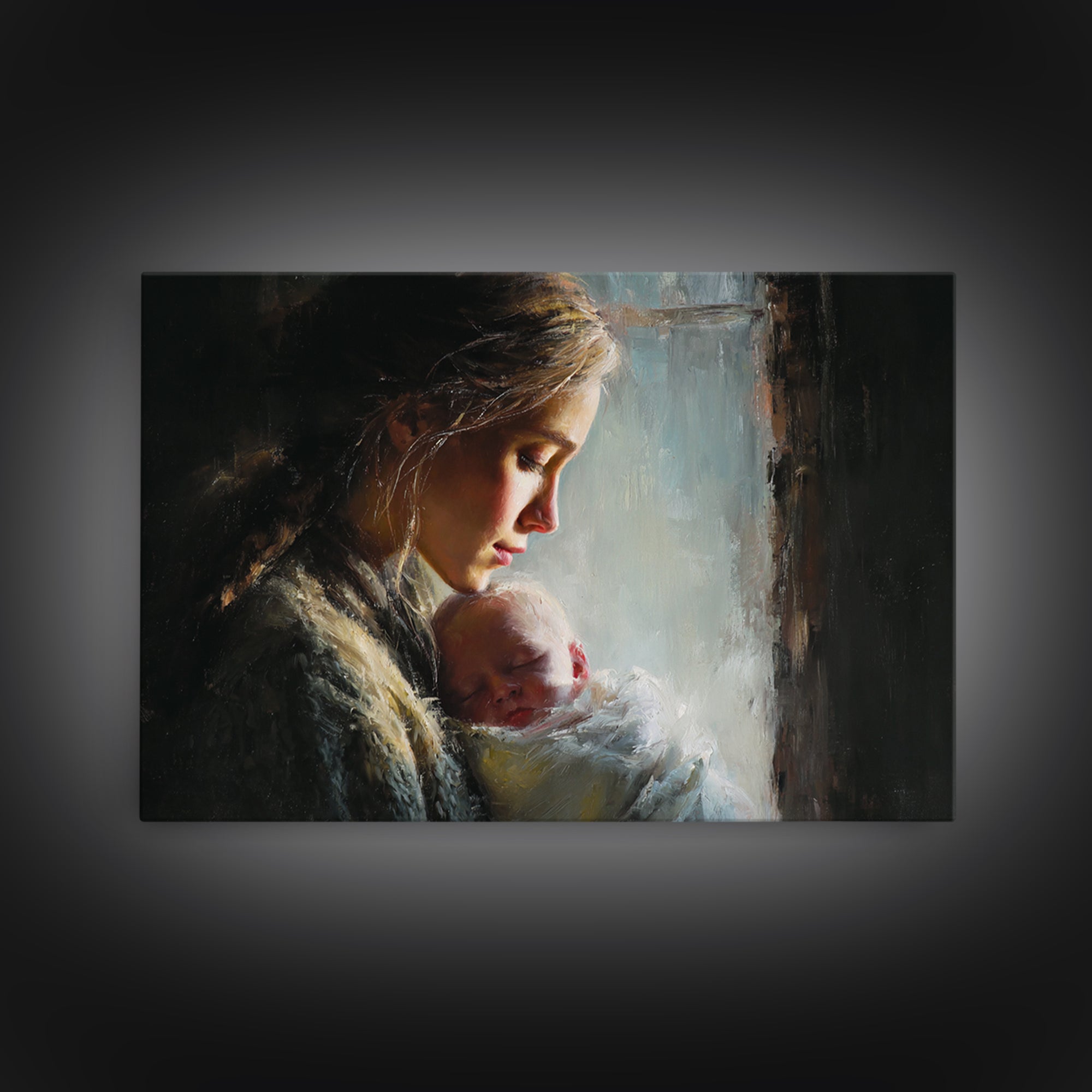 Moody Mother And Sleeping Baby By Rainy Window Framed Canvas Print, Dark Academia Wall Art, Nursery Decor, Gift For Mom, New Baby Gift