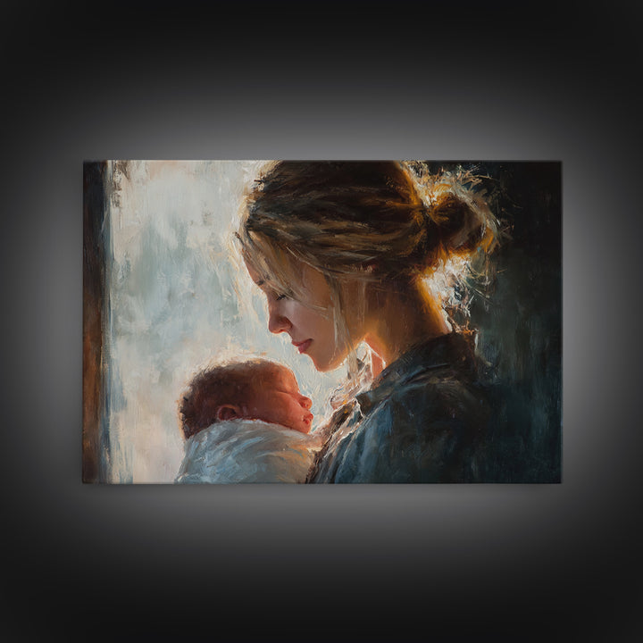 Soft Mother And Newborn Portrait In Window Light Canvas Print, Feminine Wall Art, Baby Nursery Decor, Gift For Mom, New Baby Gift