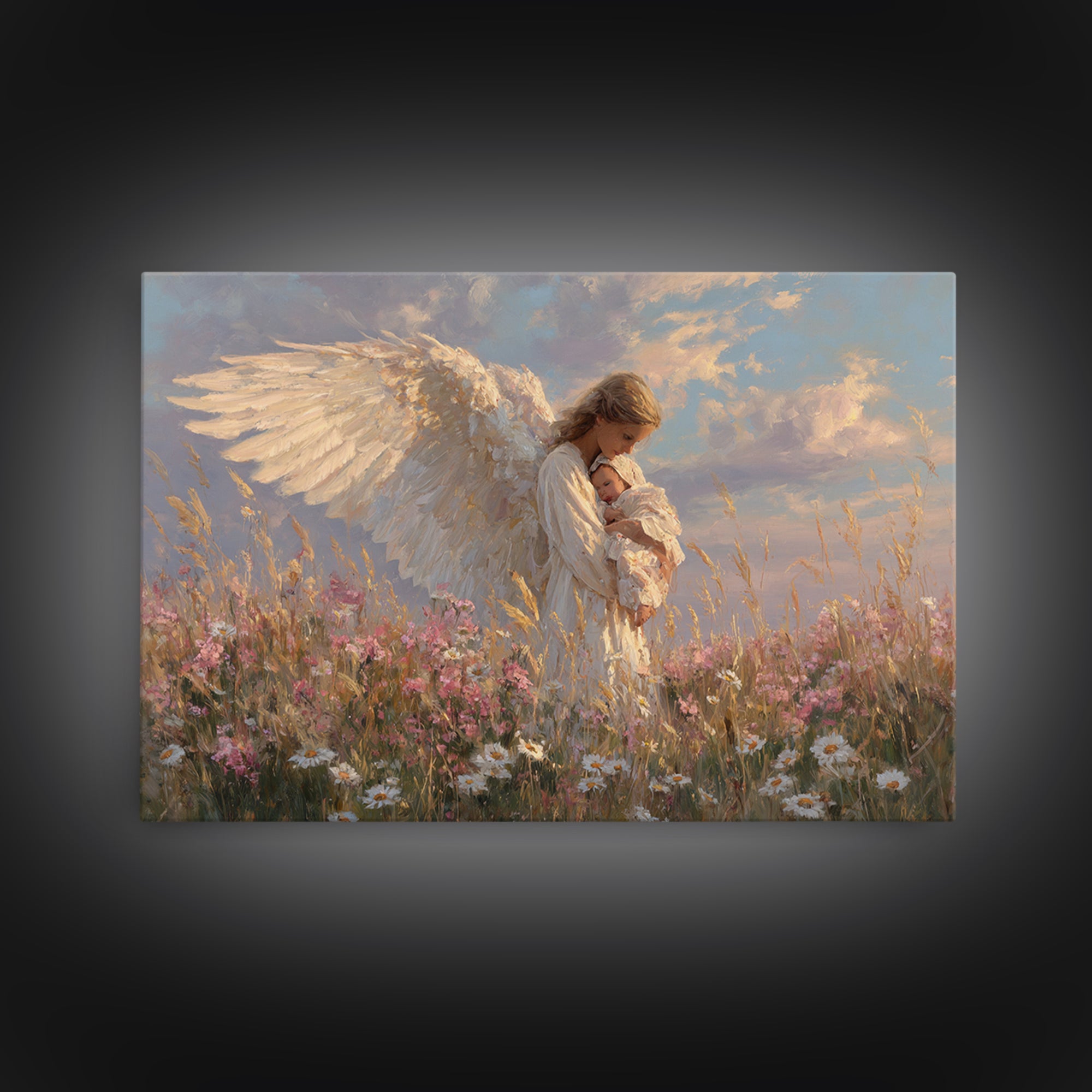 Guardian Angel Holding Baby In Wildflower Meadow Wall Art, Spiritual Nursery Decor, Christian Art Print, Baptism Gift For Her
