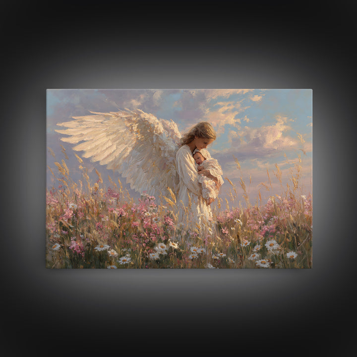 Guardian Angel Holding Baby In Wildflower Meadow Wall Art, Spiritual Nursery Decor, Christian Art Print, Baptism Gift For Her