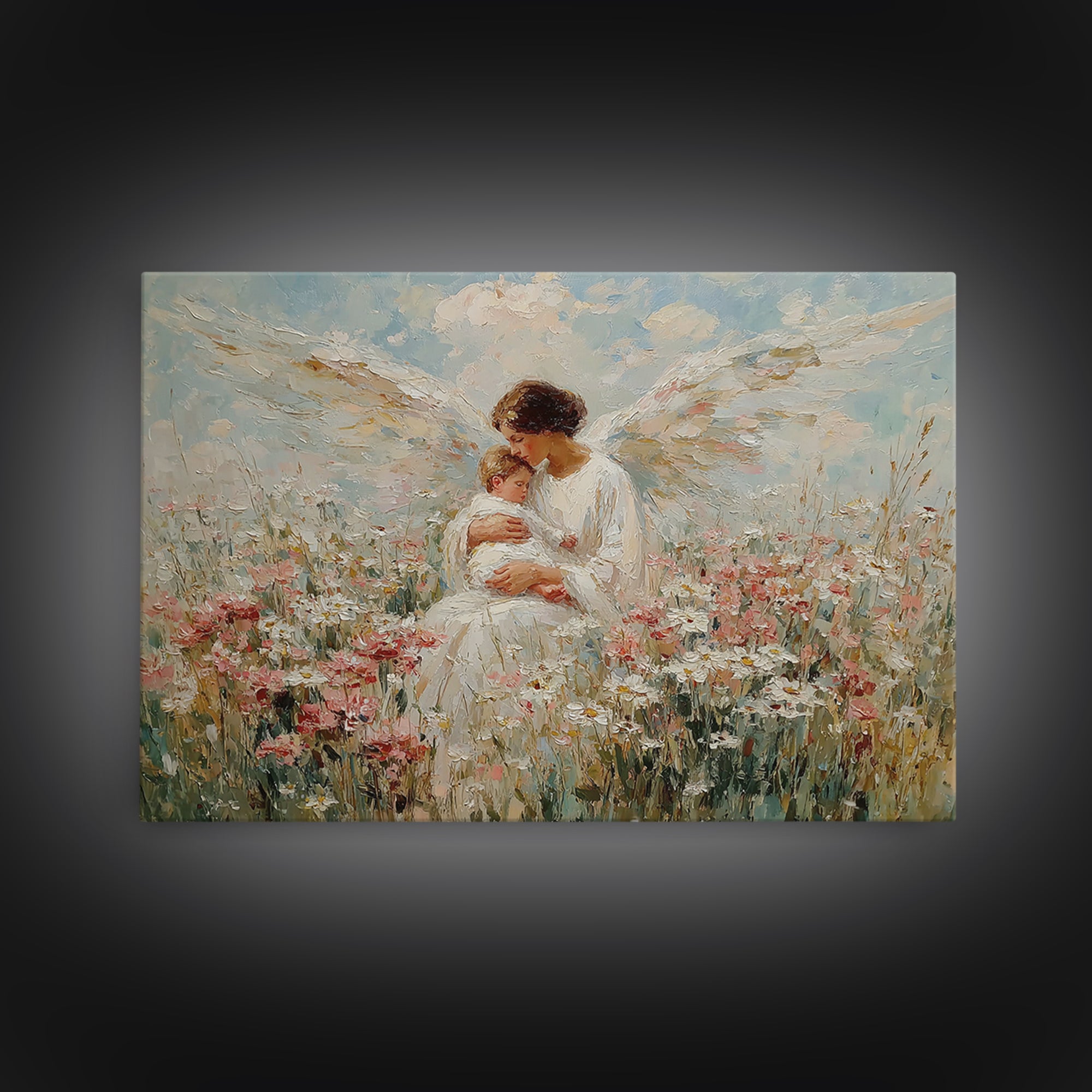 Guardian Angel Holding Baby In Wildflower Meadow Wall Art, Christian Nursery Decor, Motherhood Gift, Floral Canvas Print