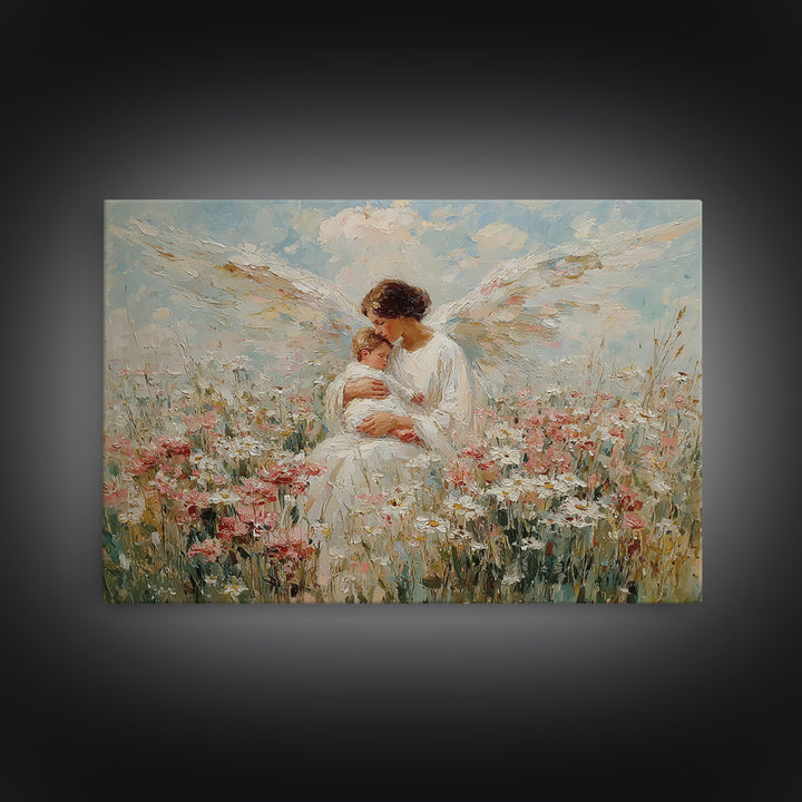 Guardian Angel Holding Baby In Wildflower Meadow Wall Art, Christian Nursery Decor, Motherhood Gift, Floral Canvas Print