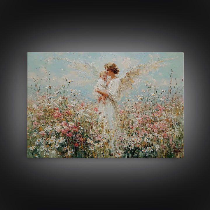 Angel Mother And Baby In Daisy Meadow Canvas Print, Christian Nursery Wall Art, Floral Home Decor, Mothers Day Gift For Mom