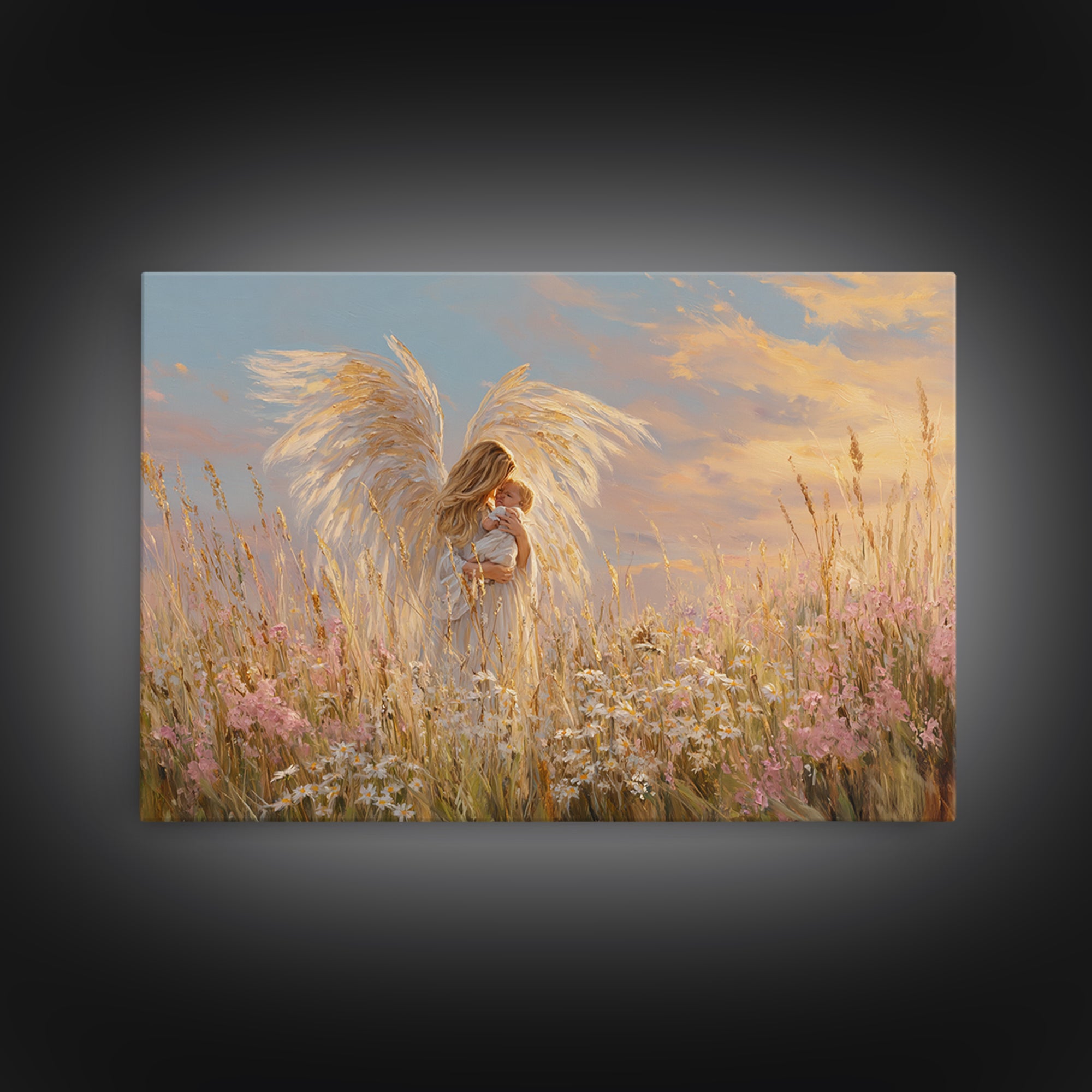 Golden Winged Angel With Baby At Sunset Framed Canvas Print, Christian Wall Art, Nursery Decor, Spiritual Gift For Mother