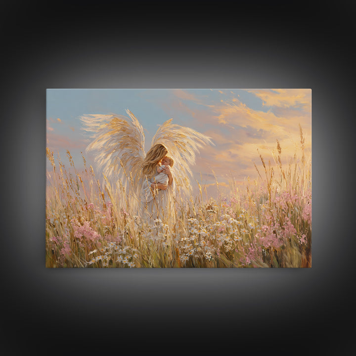 Golden Winged Angel With Baby At Sunset Framed Canvas Print, Christian Wall Art, Nursery Decor, Spiritual Gift For Mother