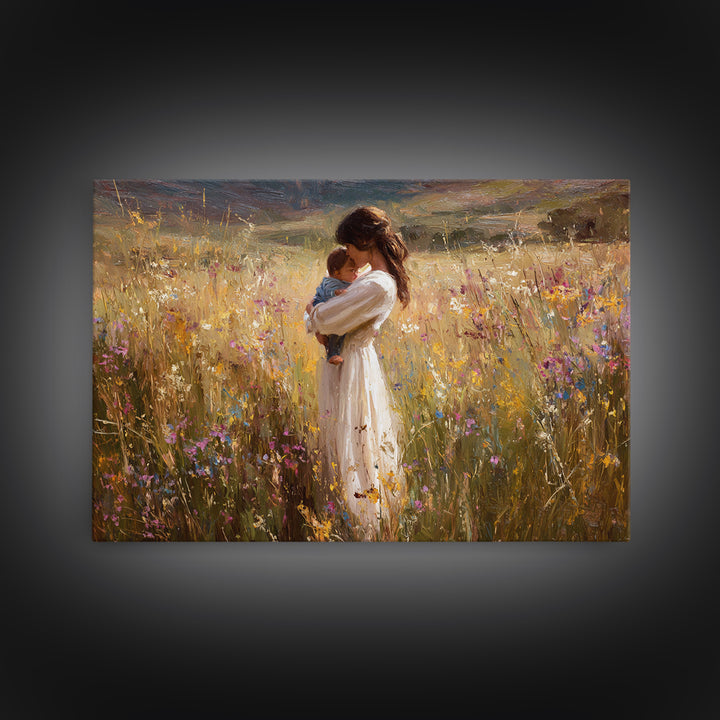 Mother Cradling Newborn In Sunlit Wildflowers Wall Art, Impressionist Oil Painting, Floral Nursery Decor, Gift For New Mom