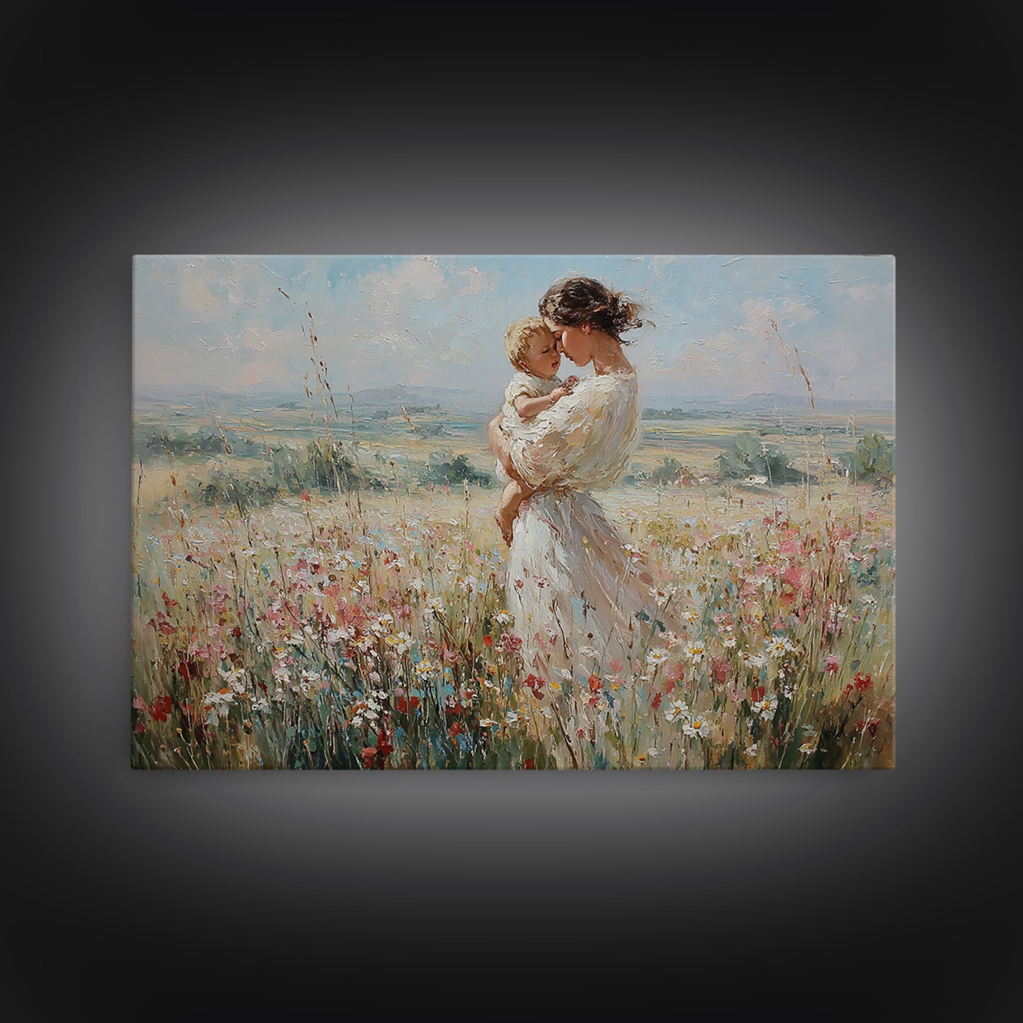 Mother And Child In Breezy Wildflower Field Canvas Print, Impressionist Wall Art, Nursery Decor, Baby Shower Gift For Mom