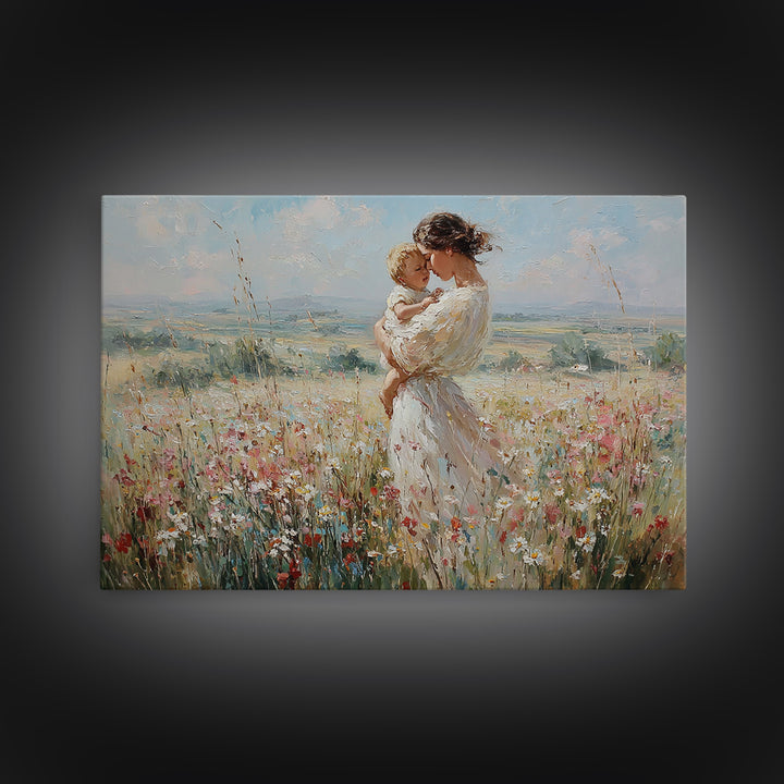 Mother And Child In Breezy Wildflower Field Canvas Print, Impressionist Wall Art, Nursery Decor, Baby Shower Gift For Mom