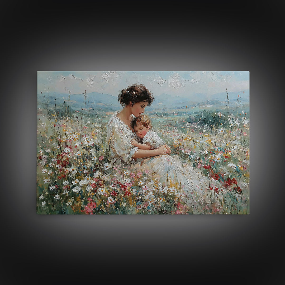 Seated Mother And Child Among Daisies Framed Canvas Print, Impressionist Wall Art, Floral Nursery Decor, Gift For New Mom