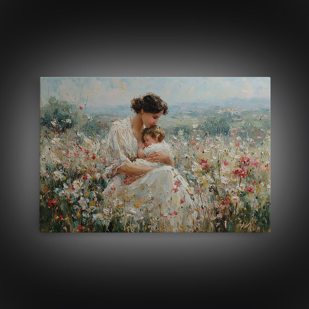 Mother Nursing Baby In Wildflower Meadow Wall Art, Impressionist Oil Painting, Christian Nursery Decor, Gift For New Mom