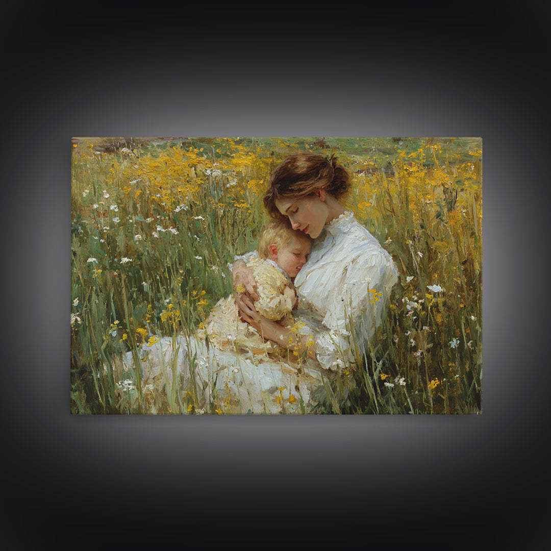 Mother And Sleeping Child In Yellow Wildflowers Canvas Print, Impressionist Wall Art, Floral Nursery Decor, Gift For Mom