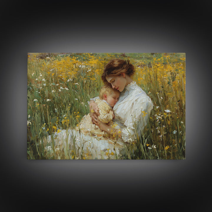 Mother And Sleeping Child In Yellow Wildflowers Canvas Print, Impressionist Wall Art, Floral Nursery Decor, Gift For Mom