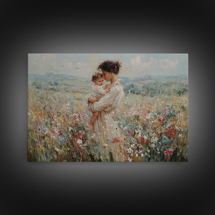 Mother Holding Baby In Mountain Wildflower Field Wall Art, Impressionist Canvas Print, Nursery Decor, Mothers Day Gift For Mom