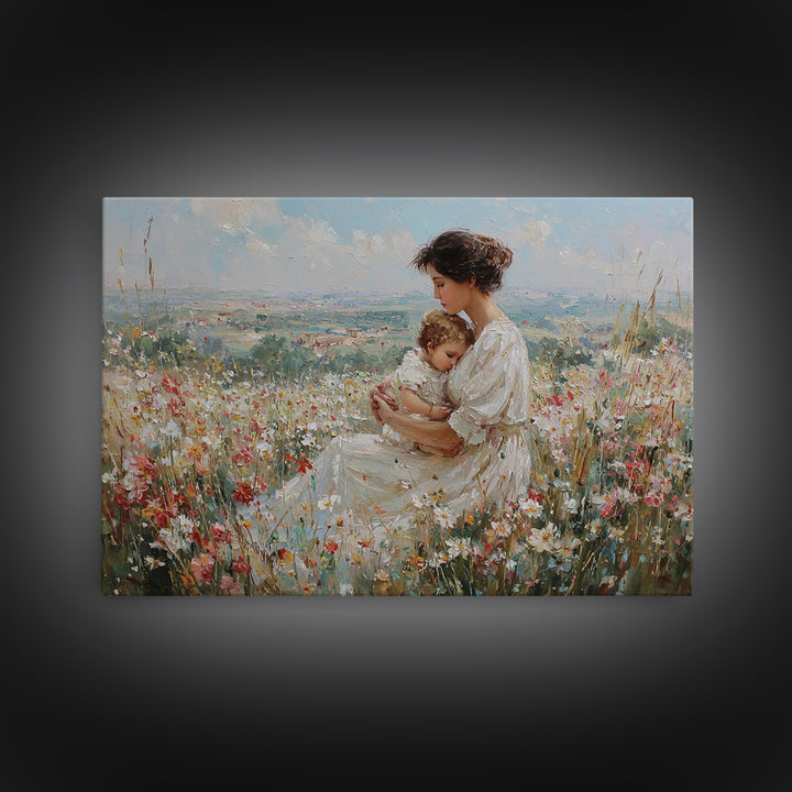 Seated Mother And Baby In Hilltop Wildflowers Canvas Print, Impressionist Landscape Art, Nursery Decor, Motherhood Gift For Her