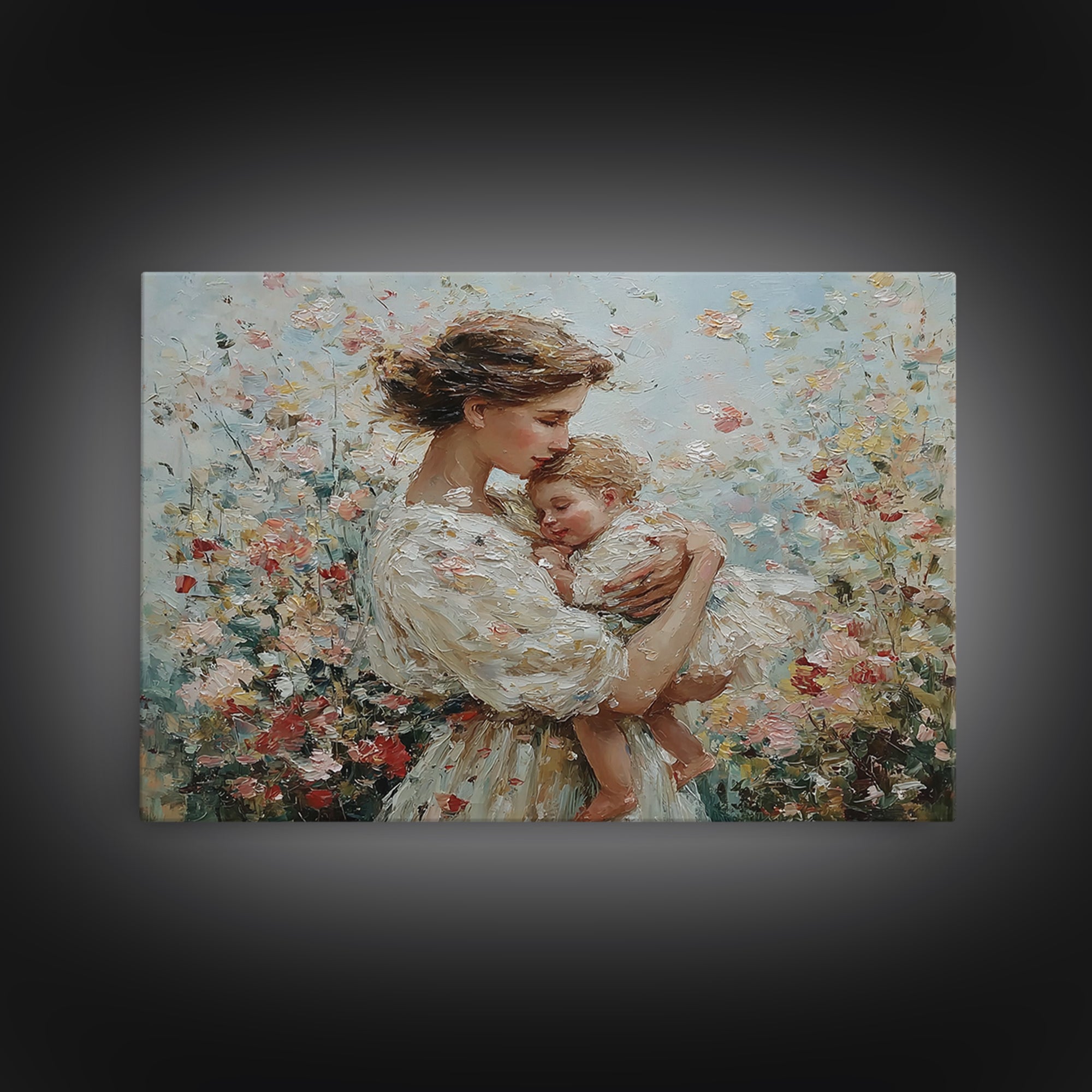Tender Mother And Sleeping Baby In Floral Breeze Framed Canvas Print, Impressionist Wall Art, Nursery Decor, Gift For Mom