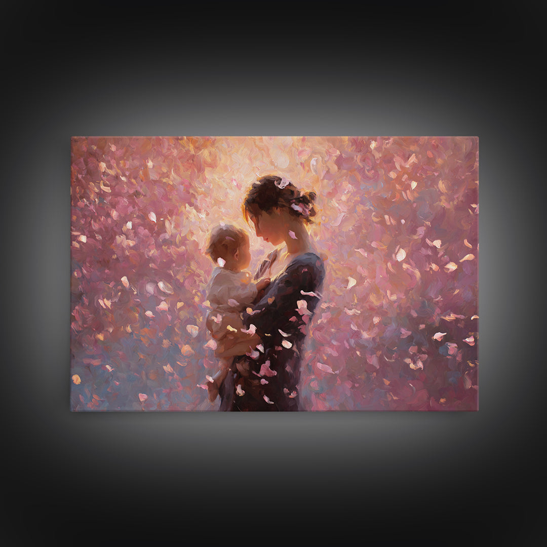 Backlit Mother And Baby In Blush Petals Wall Art, Romantic Impressionist Canvas, Feminine Nursery Decor, Gift For Her, Home Decor