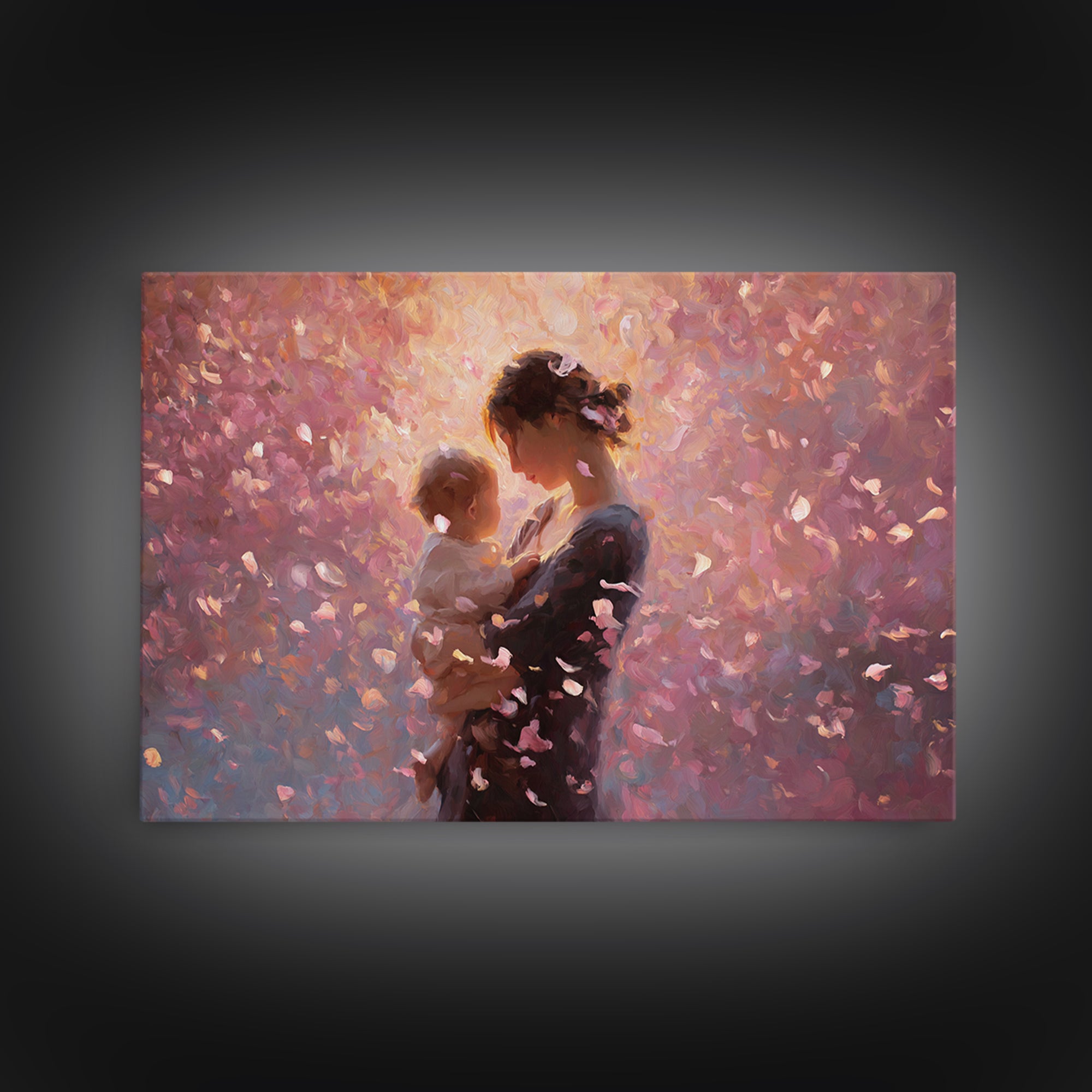 Backlit Mother And Baby In Blush Petals Wall Art, Romantic Impressionist Canvas, Feminine Nursery Decor, Gift For Her, Home Decor