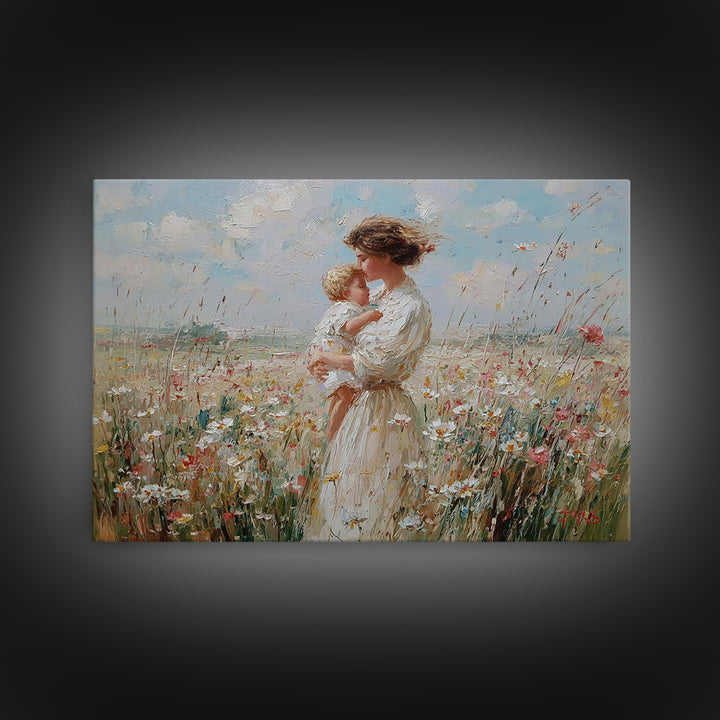 Mother Kissing Baby In Sunny Wildflower Field Wall Art, Impressionist Floral Canvas Print, Nursery Decor, Gift For Mom, Home Decor