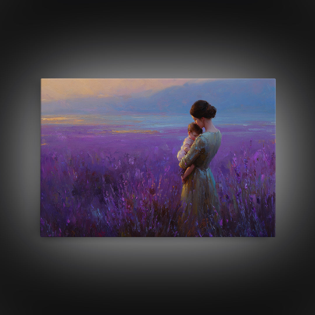 Mother And Baby In Lavender Sunset Field Wall Art, Impressionist Landscape Canvas Print, Purple Bedroom Decor, Gift For Her