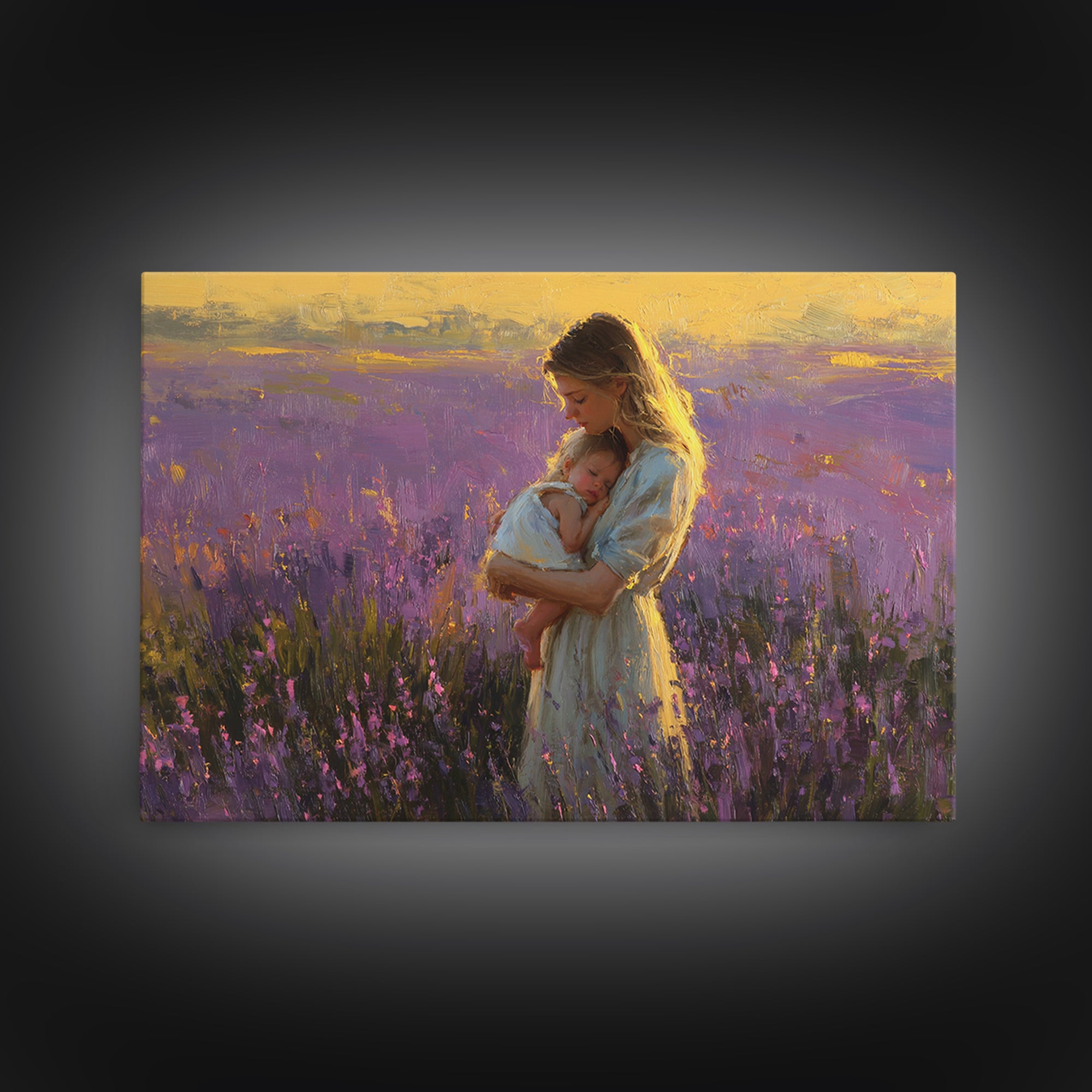 Mother And Baby In Lavender Sunset Wall Art, Impressionist Oil Painting Print, Feminine Nursery Decor, Gift For Mom, Mothers Day Gift