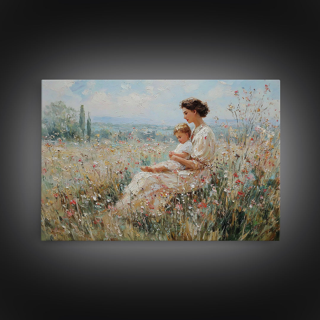 Mother And Child In Wildflower Meadow Canvas Print, Impressionist Landscape Art, Soft Nursery Decor, Gift For Mom, Fine Art
