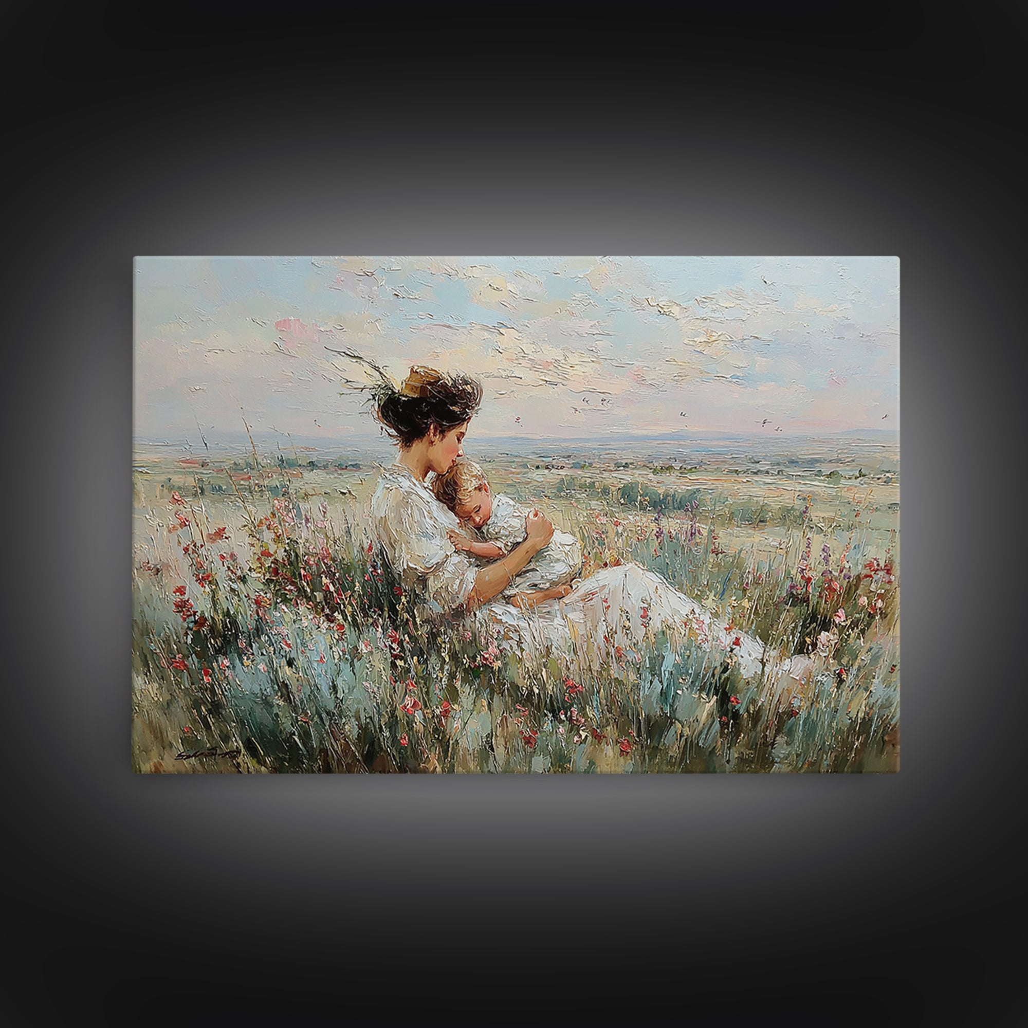 Mother Cradling Baby In Wildflower Meadow Wall Art, Impressionist Oil Painting Print, Nursery Wall Decor, Gift For Mom, Mothers Day Gift