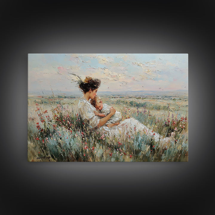 Mother Cradling Baby In Wildflower Meadow Wall Art, Impressionist Oil Painting Print, Nursery Wall Decor, Gift For Mom, Mothers Day Gift