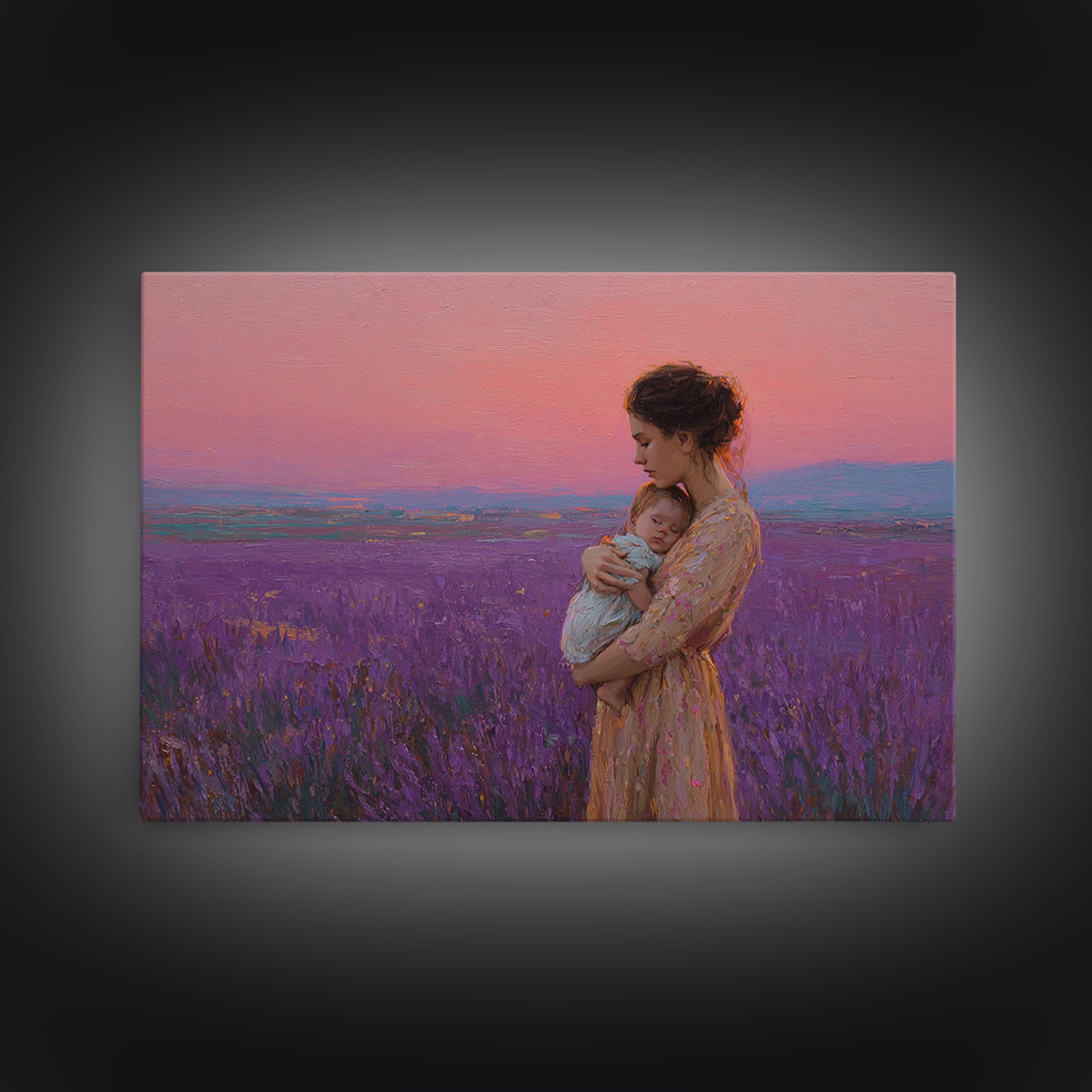 Mother And Baby In Pink Lavender Field Framed Canvas Print, Romantic Nursery Wall Art, Impressionist Landscape, Gift For Mom