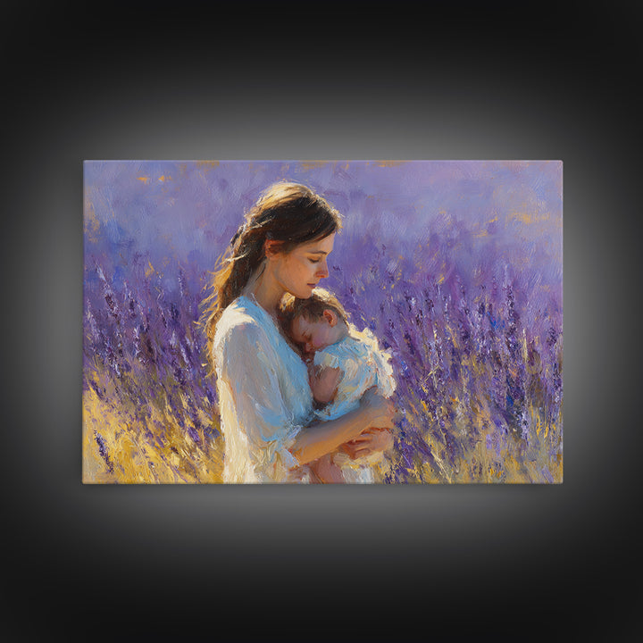 Tender Mother And Sleeping Baby Lavender Wall Art, Impressionist Oil Painting Print, Feminine Nursery Decor, Gift For Mom