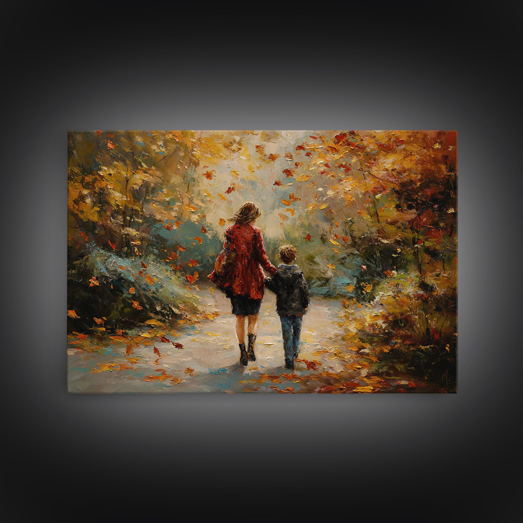 Mother And Son Walking Through Autumn Park Canvas Print, Impressionist Fall Landscape Wall Art, Cozy Home Decor, Gift For Mom
