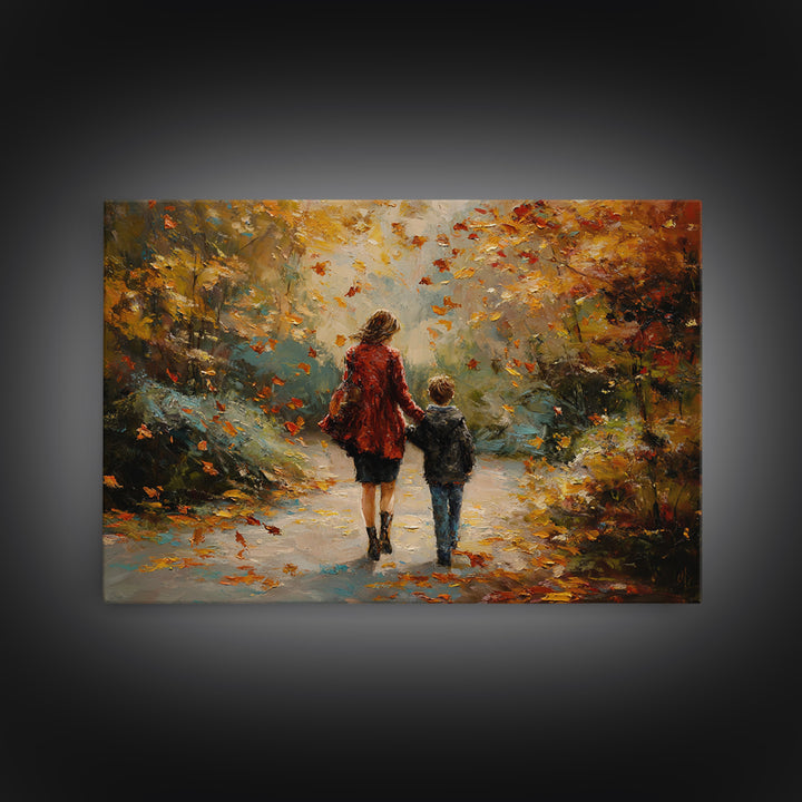 Mother And Son Walking Through Autumn Park Canvas Print, Impressionist Fall Landscape Wall Art, Cozy Home Decor, Gift For Mom