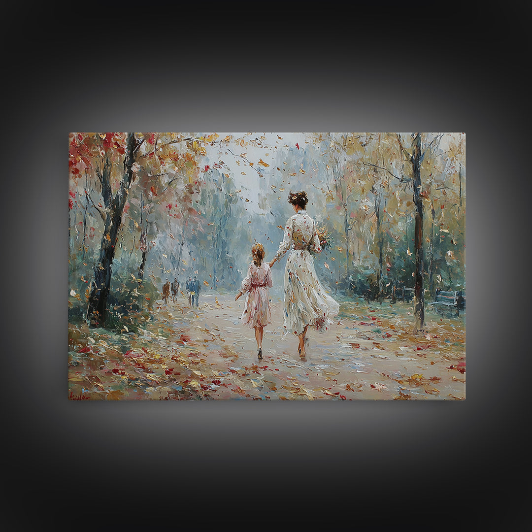 Mother And Daughter Strolling In Spring Park Wall Art, Impressionist Oil Painting Print, Feminine Home Decor, Gift For Mom