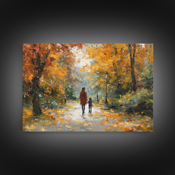 Mother And Child In Golden Autumn Park Framed Canvas Print, Impressionist Fall Landscape Wall Art, Cozy Living Room Decor