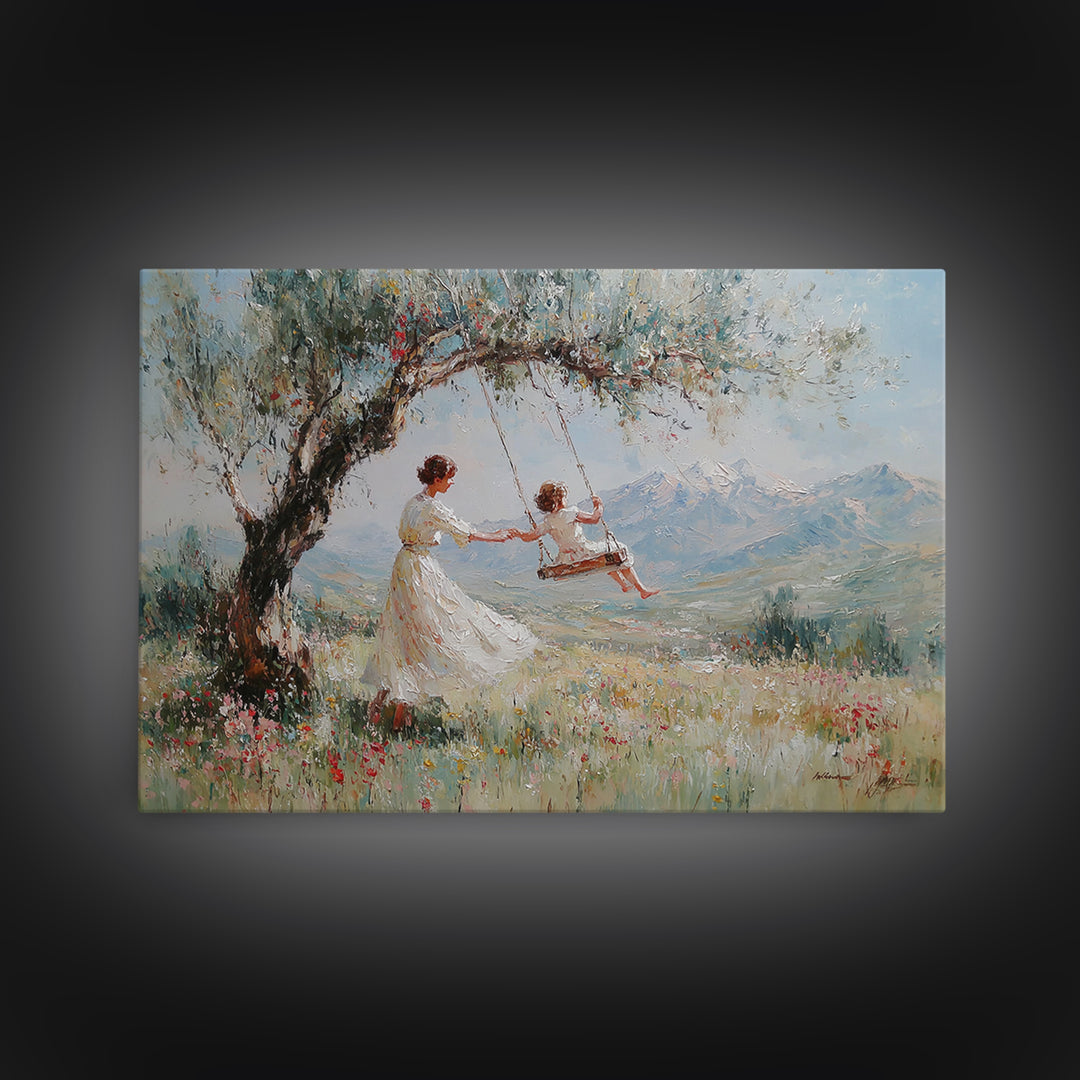 Mother Pushing Child On Meadow Swing Wall Art, Mountain Landscape Oil Painting Print, Whimsical Nursery Decor, Gift For Mom