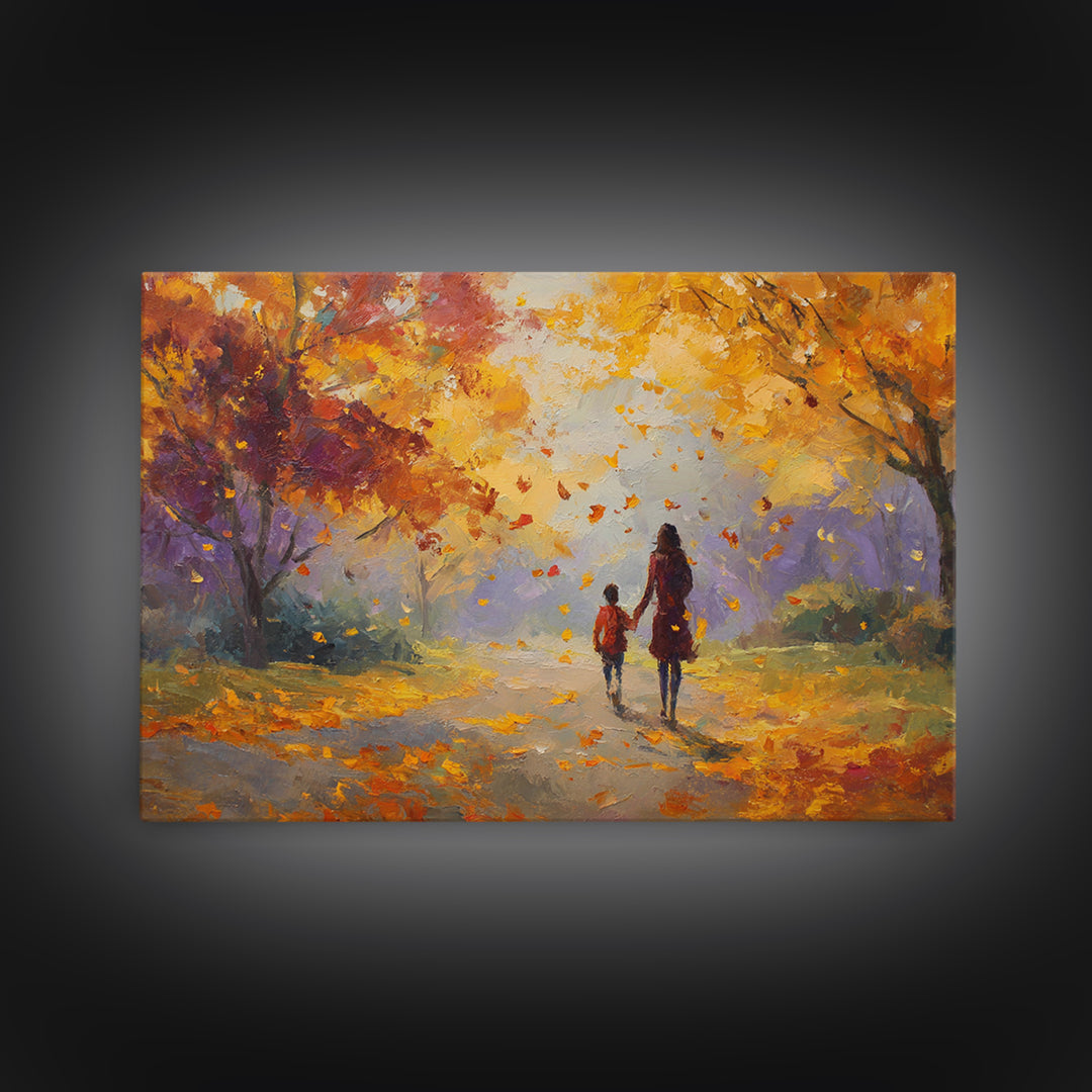 Mother And Child Under Golden Autumn Trees Canvas Print, Impressionist Fall Landscape Wall Art, Cozy Home Decor, Gift For Mom