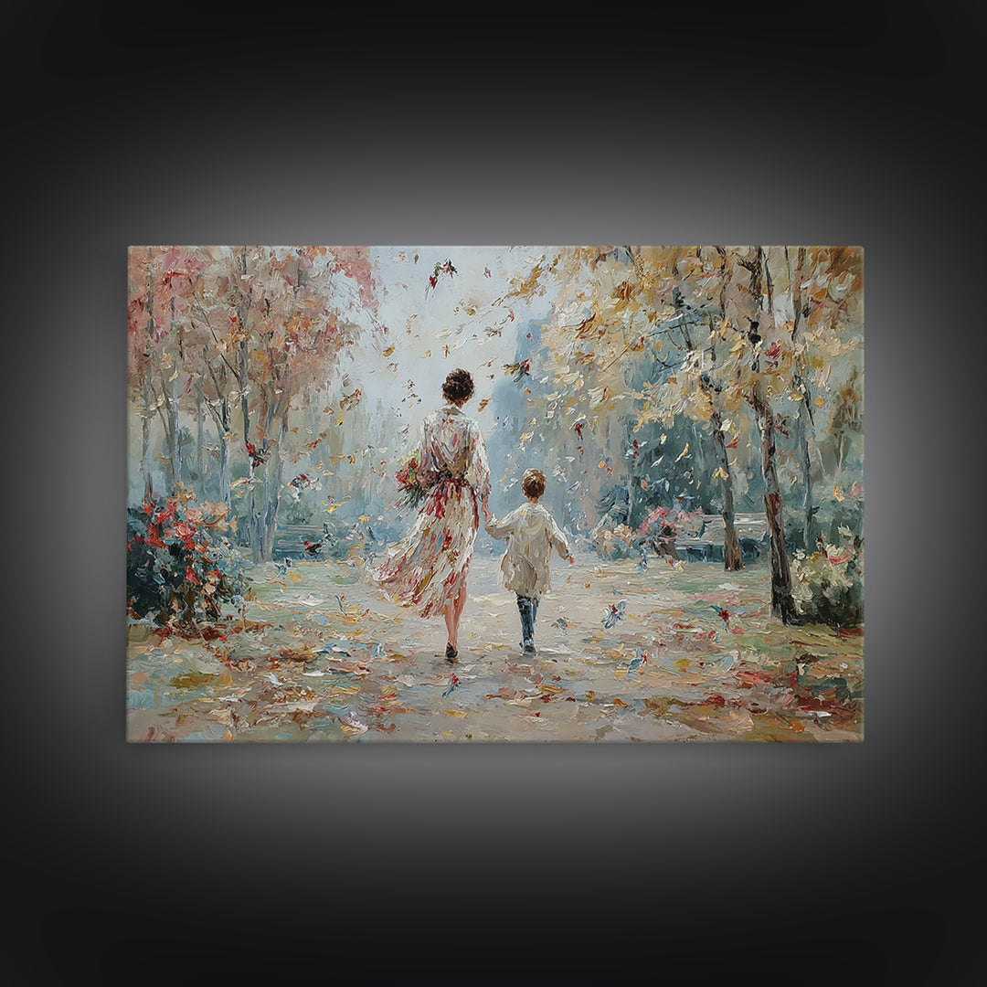 Mother And Child Autumn Park Walk Wall Art, Impressionist Painting Print, Feminine Living Room Decor, Housewarming Gift For Her