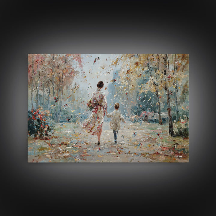 Mother And Child Autumn Park Walk Wall Art, Impressionist Painting Print, Feminine Living Room Decor, Housewarming Gift For Her