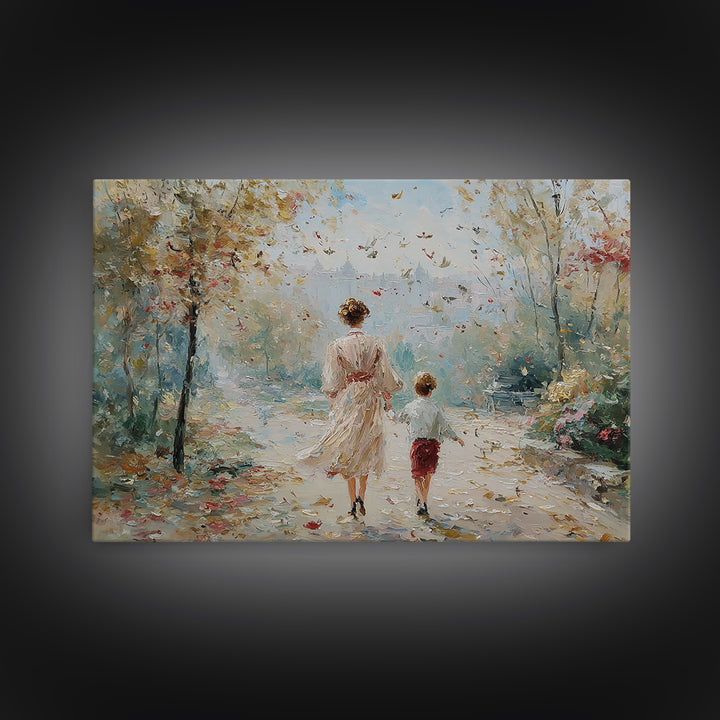 Mother And Son Garden Stroll Canvas Print, Impressionist Landscape Painting, Feminine Living Room Wall Decor, Gift For Mom