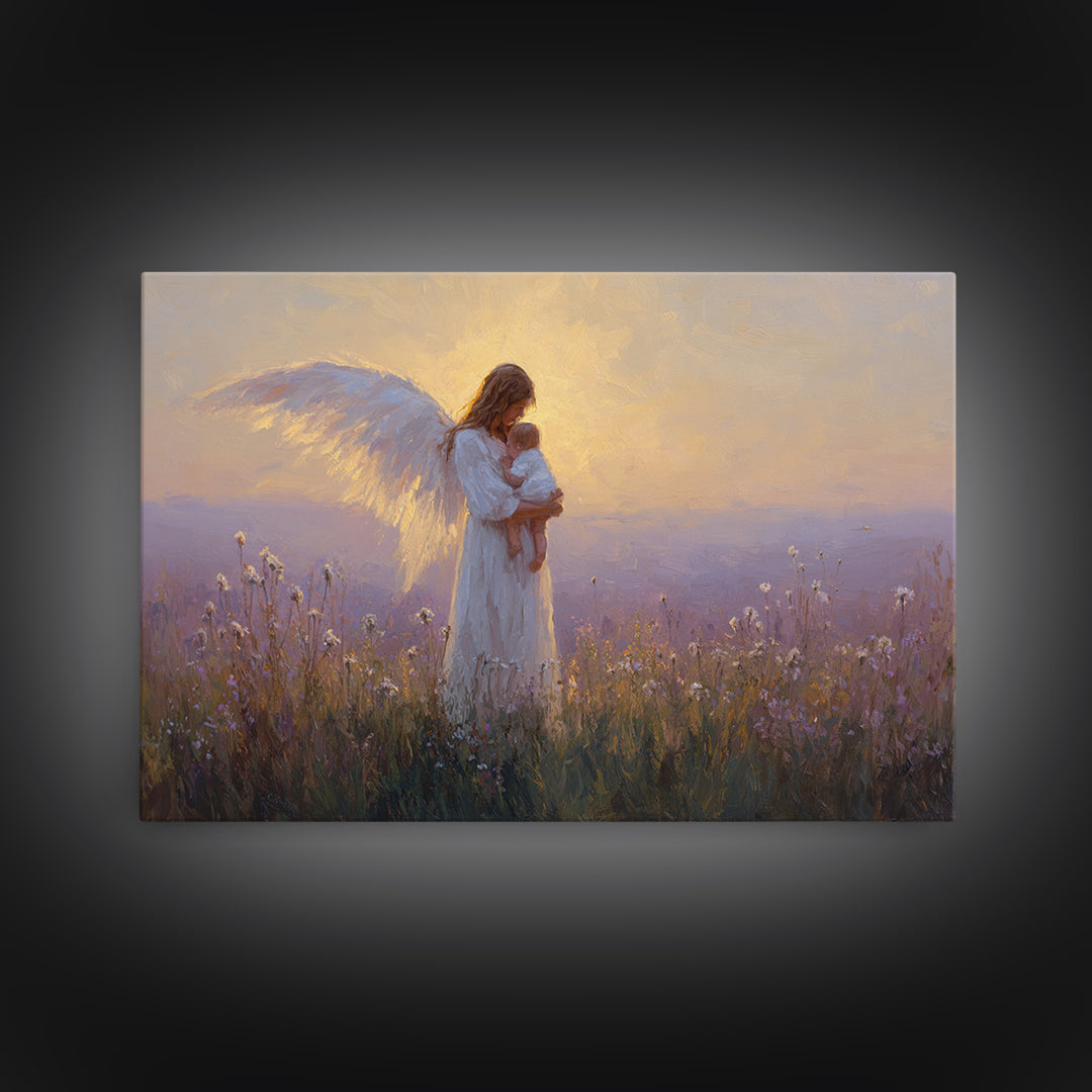 Guardian Angel Holding Baby Framed Canvas Print, Golden Meadow Oil Painting, Spiritual Nursery Decor, Christian Gift For Mom