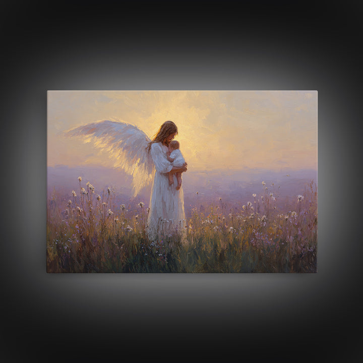 Guardian Angel Holding Baby Framed Canvas Print, Golden Meadow Oil Painting, Spiritual Nursery Decor, Christian Gift For Mom