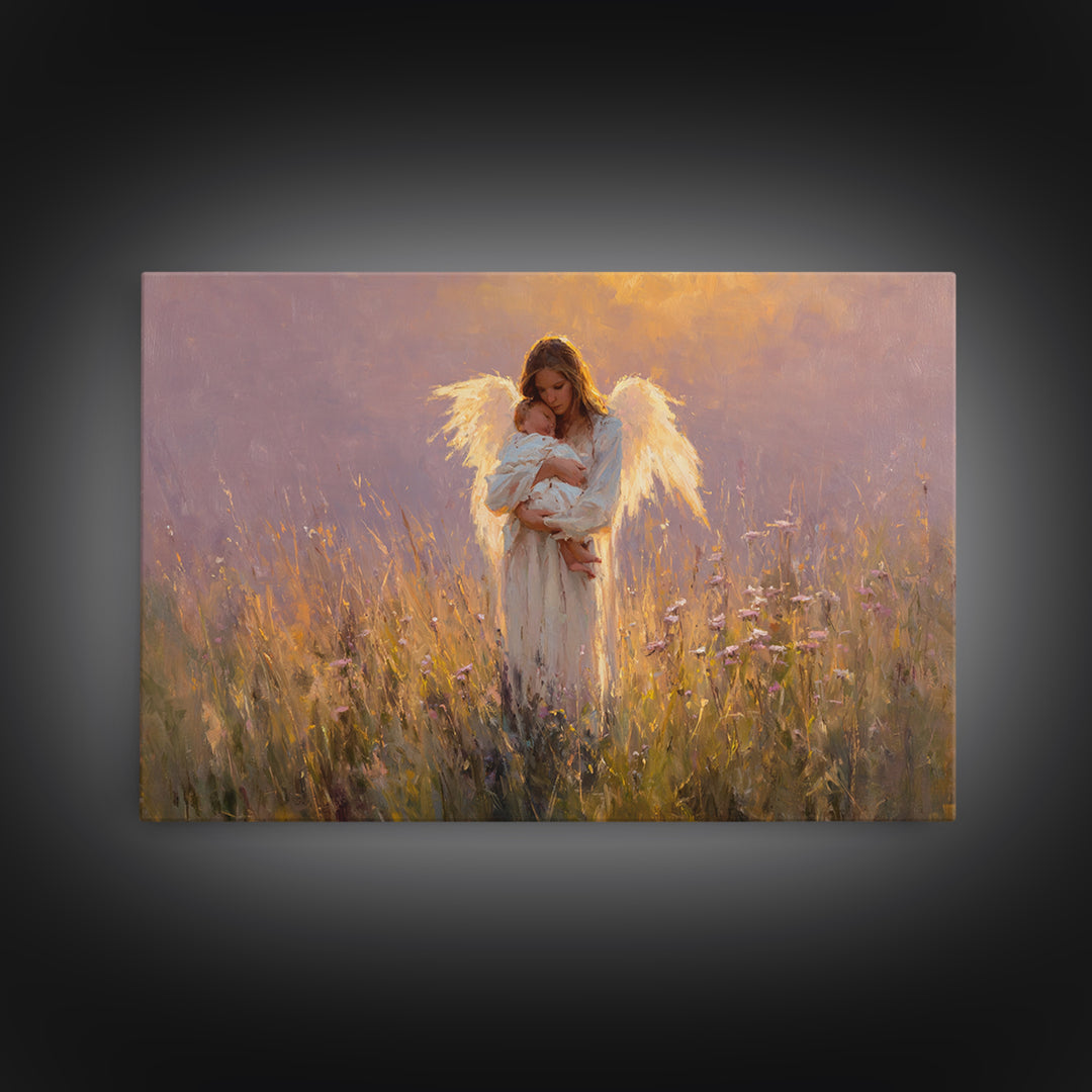 Angel Mother Cradling Newborn Canvas Print, Glowing Wildflower Oil Painting, Christian Nursery Wall Decor, Gift For New Mom
