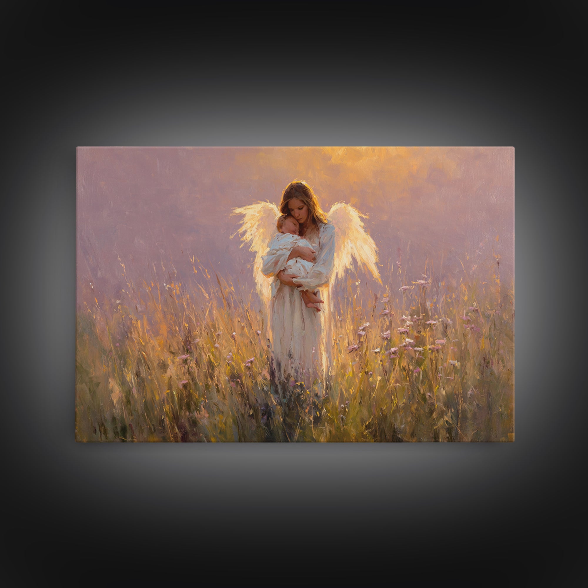 Angel Mother Cradling Newborn Canvas Print, Glowing Wildflower Oil Painting, Christian Nursery Wall Decor, Gift For New Mom